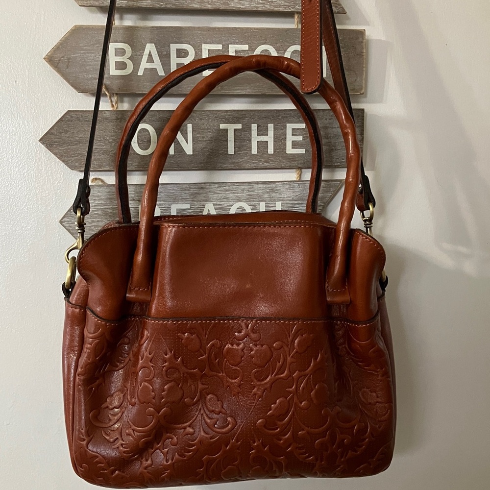 Patricia Nash Ashford Satchel – Tan Tooled Leather Crossbody Bag